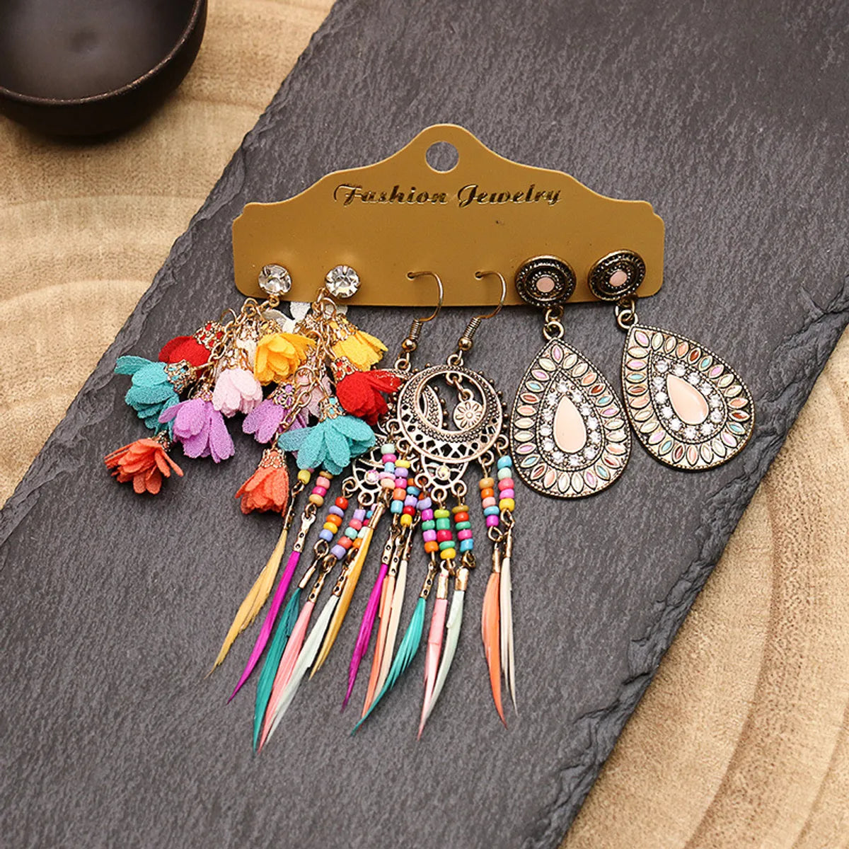 3 Pairs Bohemian Geometric Alloy Tassel Women's Earrings