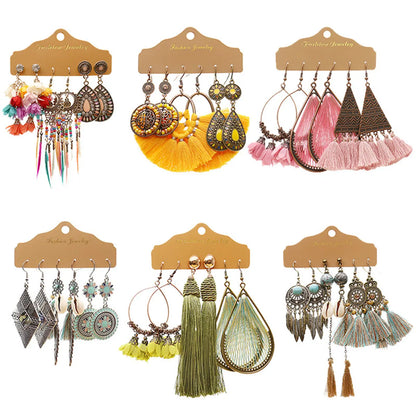 3 Pairs Bohemian Geometric Alloy Tassel Women's Earrings