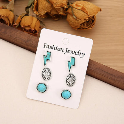 3 Pairs Bohemian Round Flower Lightning Plating Alloy Turquoise Ear Studs