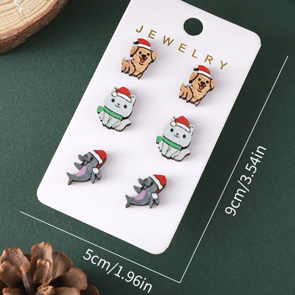 3 Pairs Cartoon Style Cute Animal Wood Ear Studs