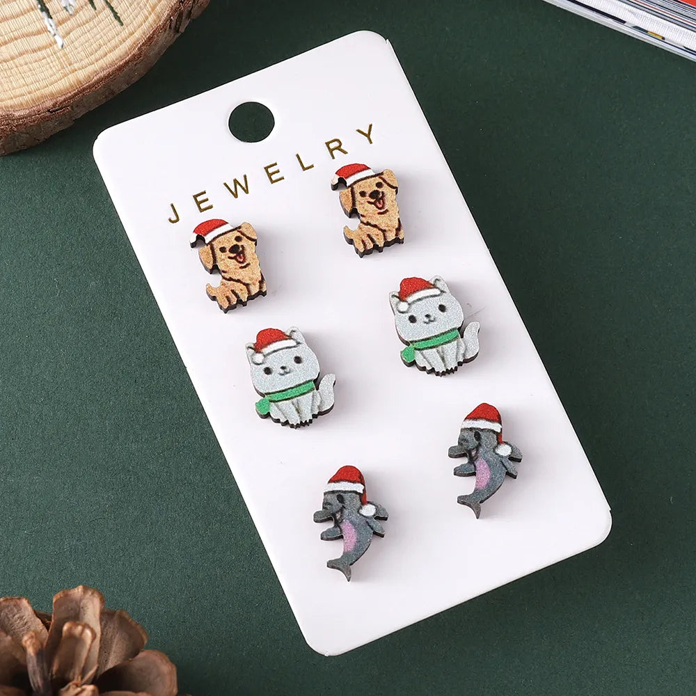 3 Pairs Cartoon Style Cute Animal Wood Ear Studs