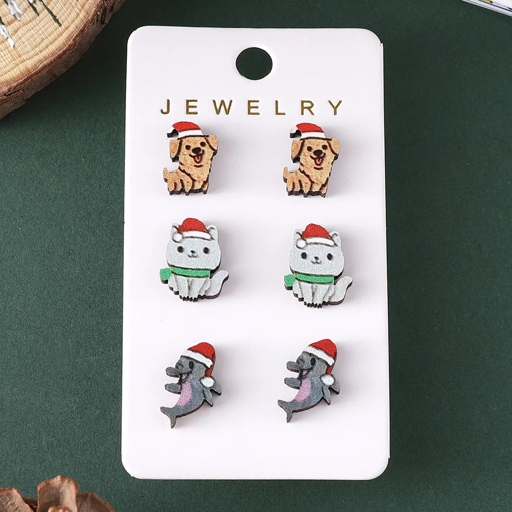 3 Pairs Cartoon Style Cute Animal Wood Ear Studs