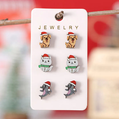 3 Pairs Cartoon Style Cute Animal Wood Ear Studs