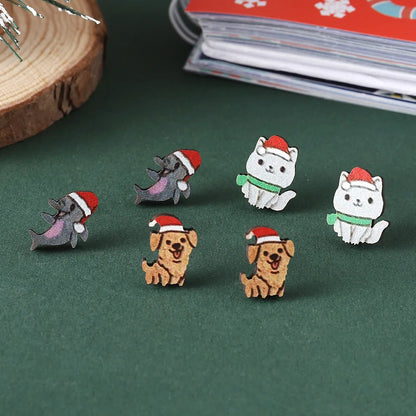 3 Pairs Cartoon Style Cute Animal Wood Ear Studs