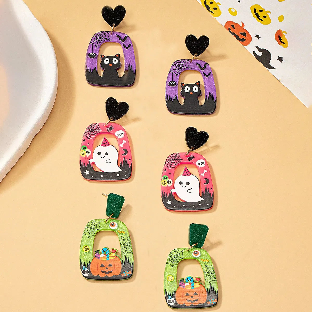 3 Pairs Cartoon Style Cute Funny Pumpkin Cat Ghost Arylic Drop Earrings