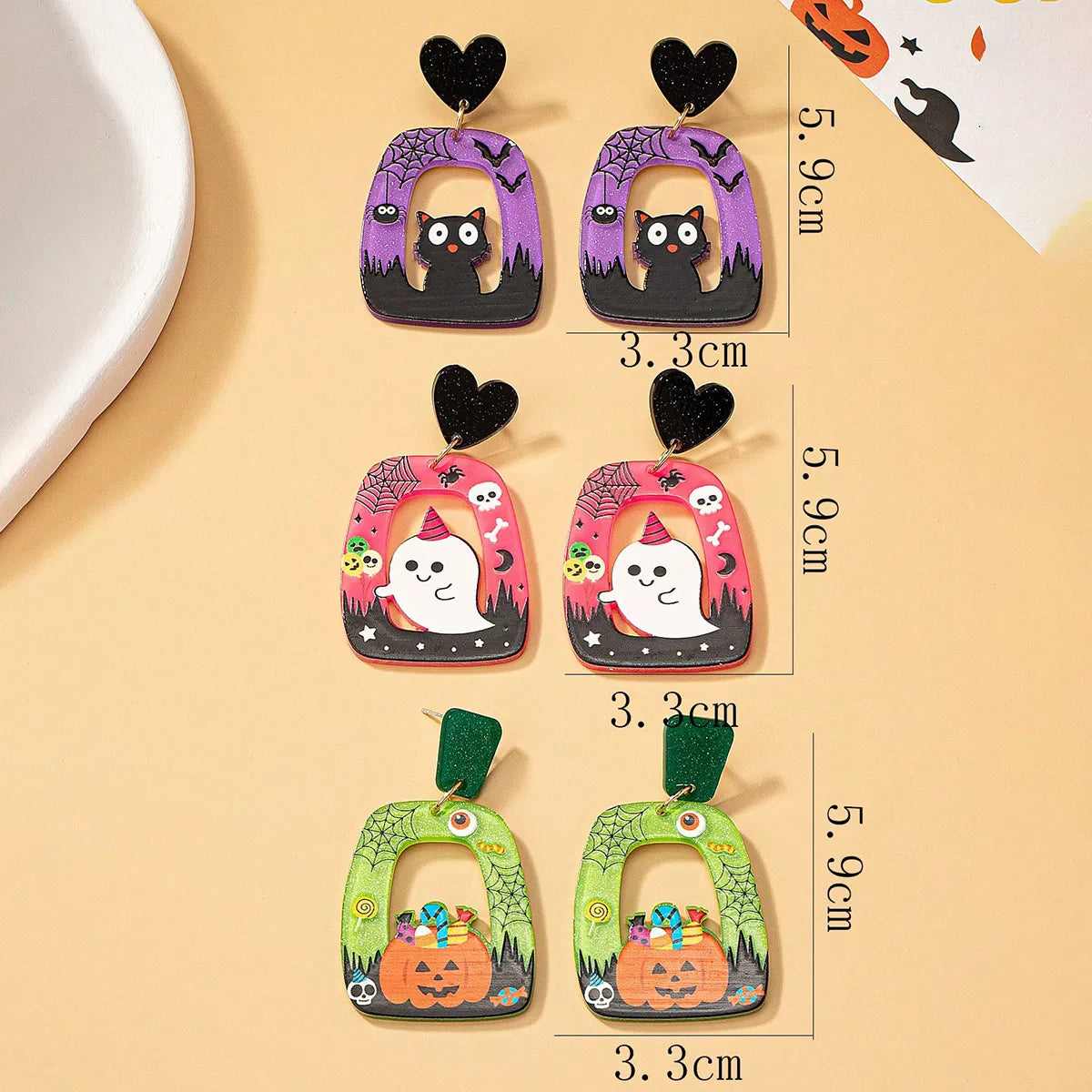 3 Pairs Cartoon Style Cute Funny Pumpkin Cat Ghost Arylic Drop Earrings