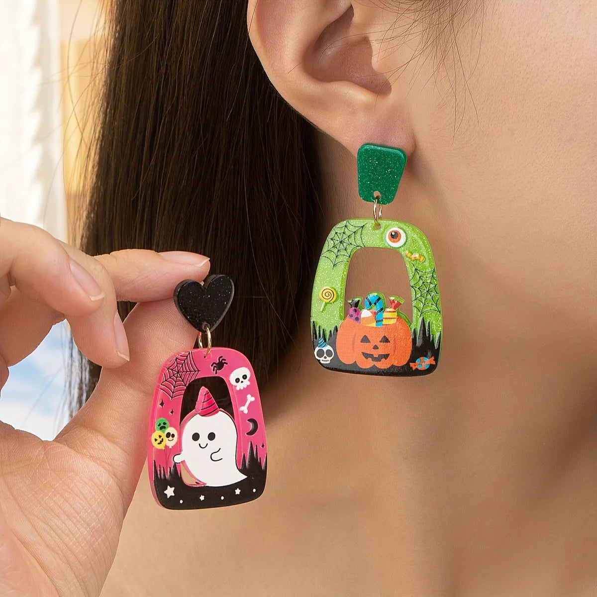 3 Pairs Cartoon Style Cute Funny Pumpkin Cat Ghost Arylic Drop Earrings