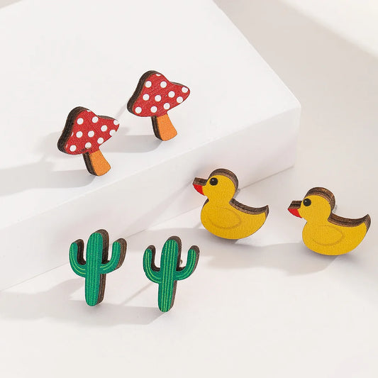 3 Pairs Cartoon Style Modern Style Simple Style Animal Plant Duck Wood Ear Studs