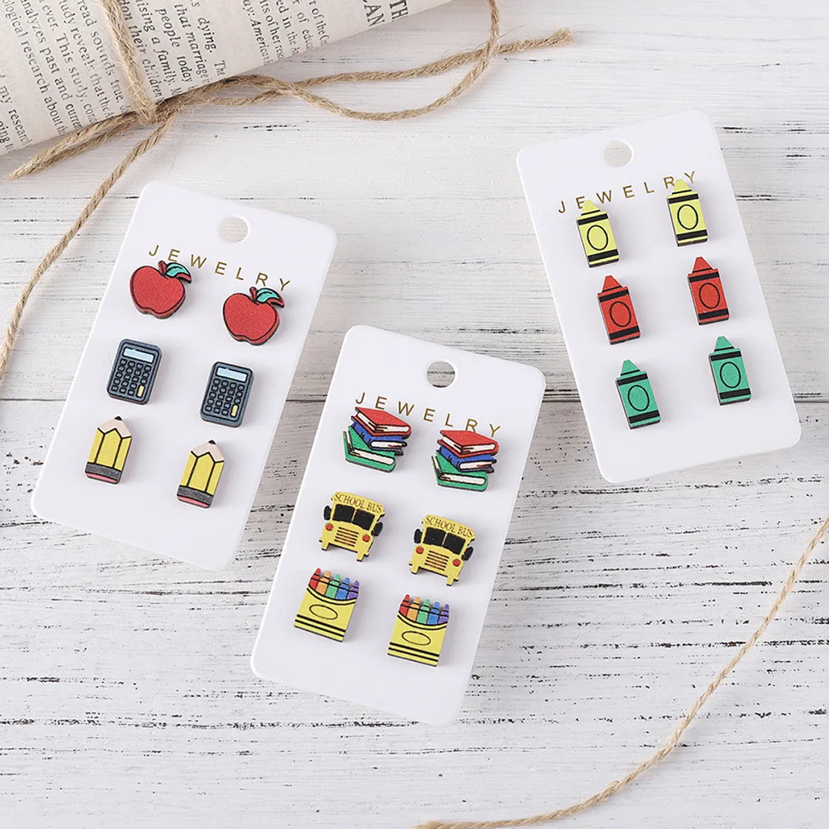 3 Pairs Cartoon Style Retro Book Apple Pencil Wood Ear Studs