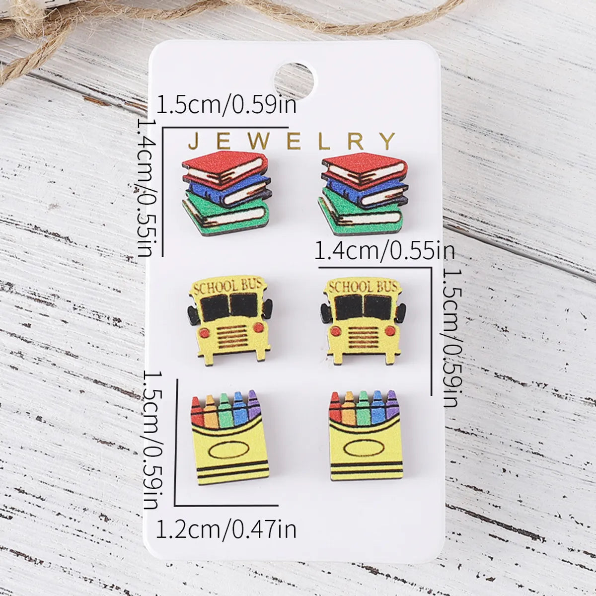 3 Pairs Cartoon Style Retro Book Apple Pencil Wood Ear Studs