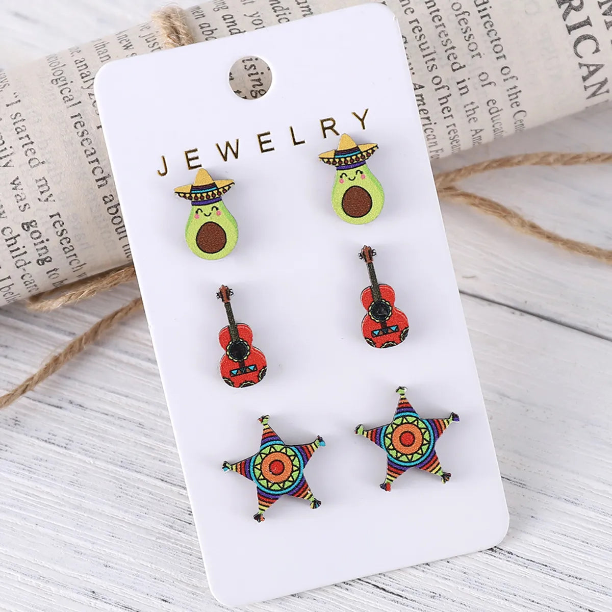 3 Pairs Cute Cartoon Star  Face Wood Ear Studs