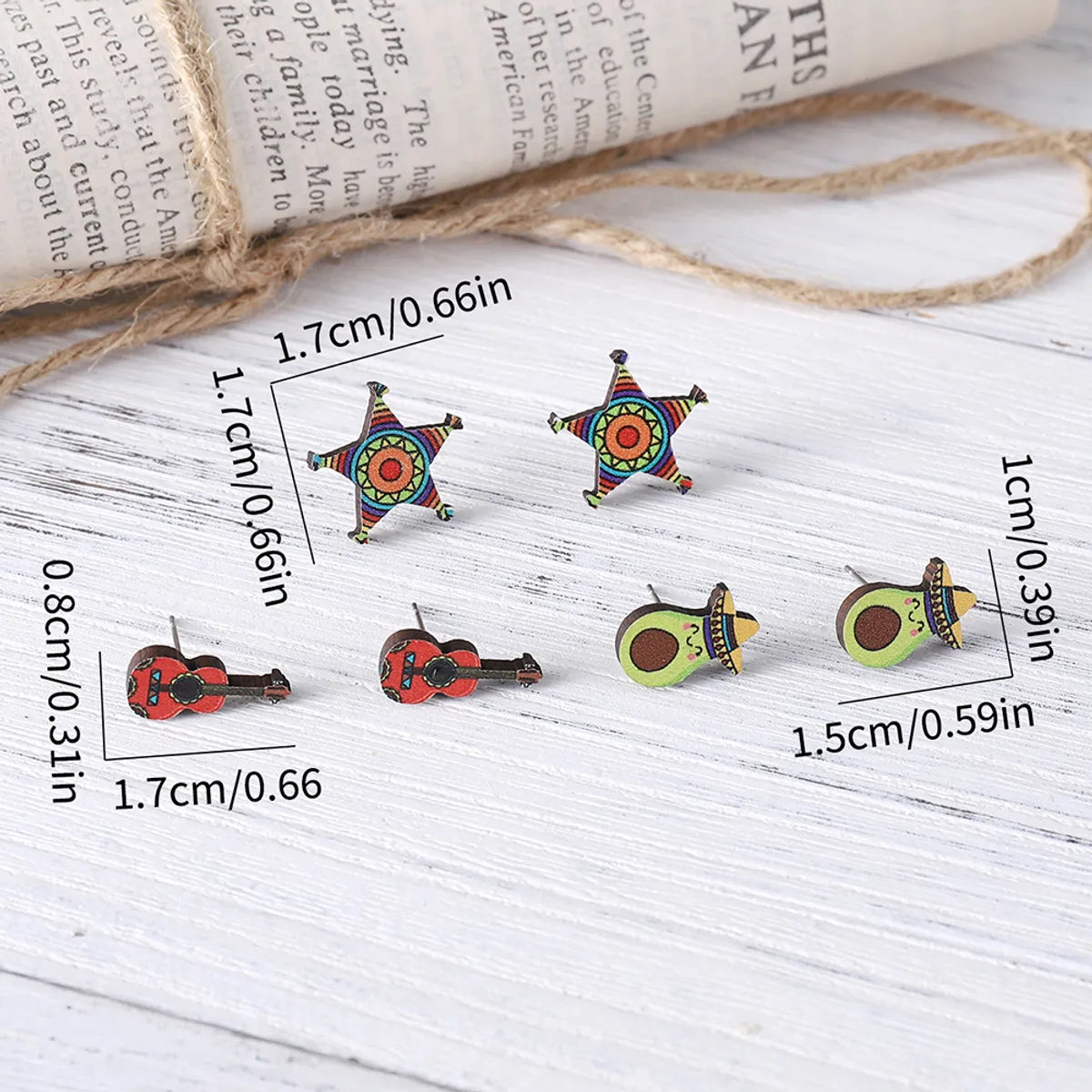 3 Pairs Cute Cartoon Star  Face Wood Ear Studs