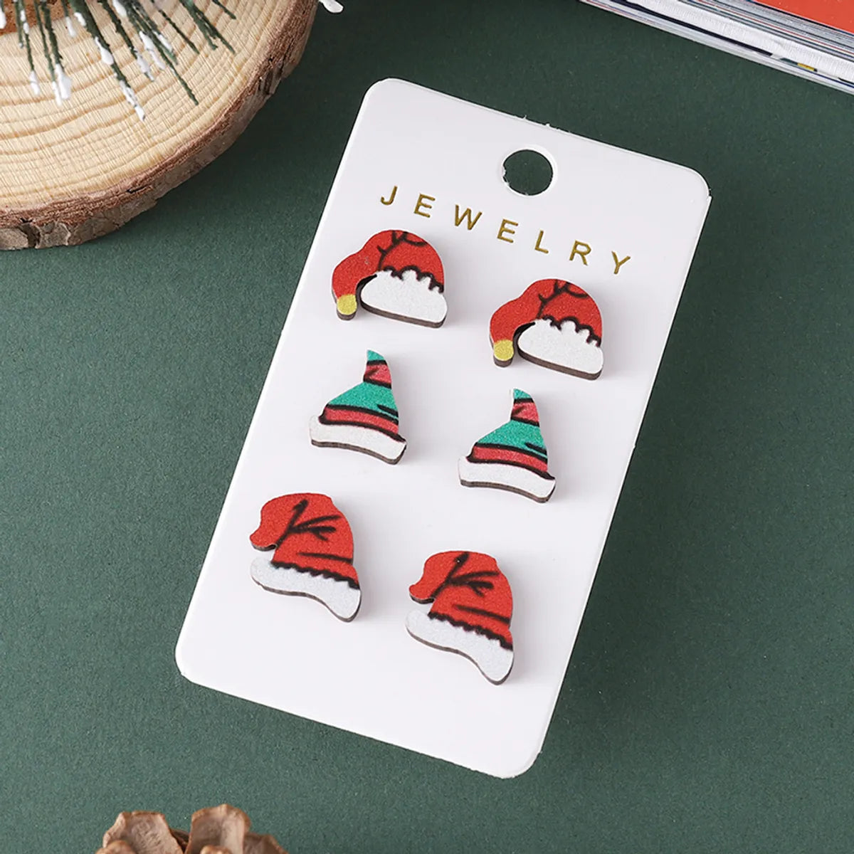 3 Pairs Cute Christmas Hat Wood Ear Studs