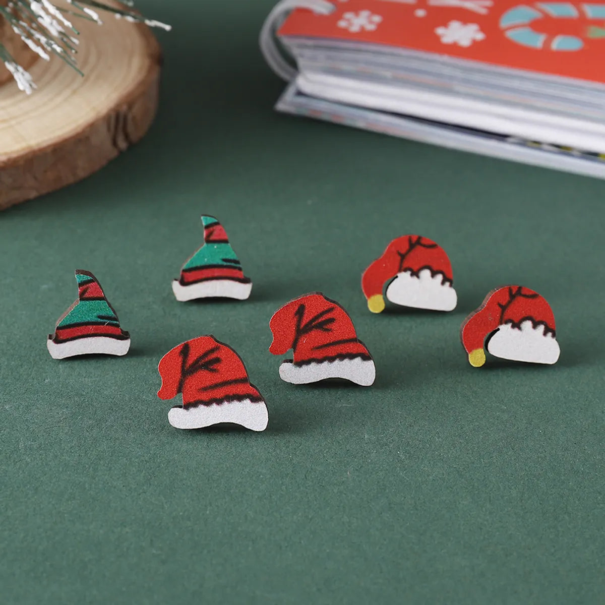 3 Pairs Cute Christmas Hat Wood Ear Studs