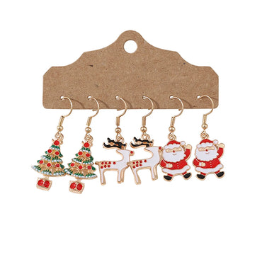 3 Pairs Cute Christmas Tree Santa Claus Elk Alloy Drop Earrings