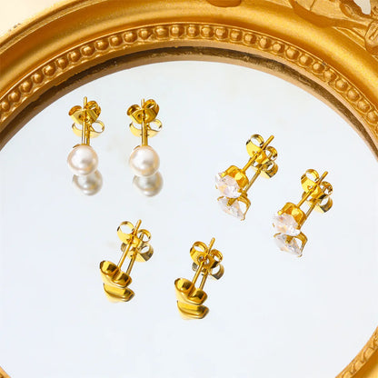 3 Pairs Cute Classic Style Heart Shape 304 Stainless Steel Artificial Pearls Zircon 18K Gold Plated Ear Studs