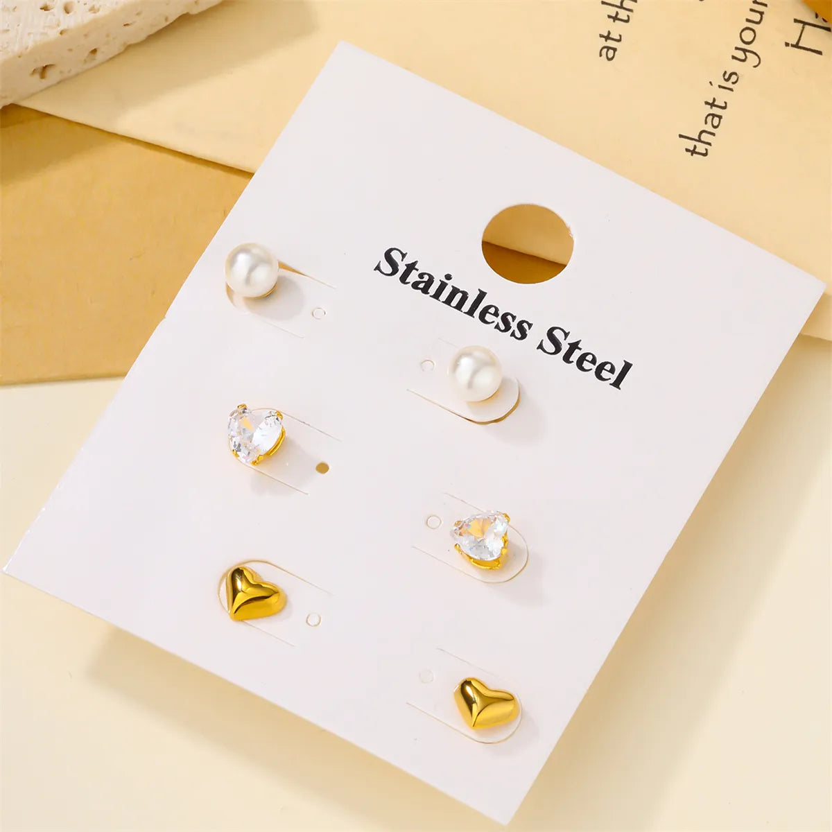 3 Pairs Cute Classic Style Heart Shape 304 Stainless Steel Artificial Pearls Zircon 18K Gold Plated Ear Studs