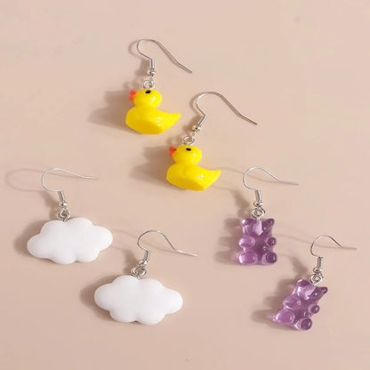 3 Pairs Cute Clouds Bear Duck Alloy Plating Women's Drop Earrings