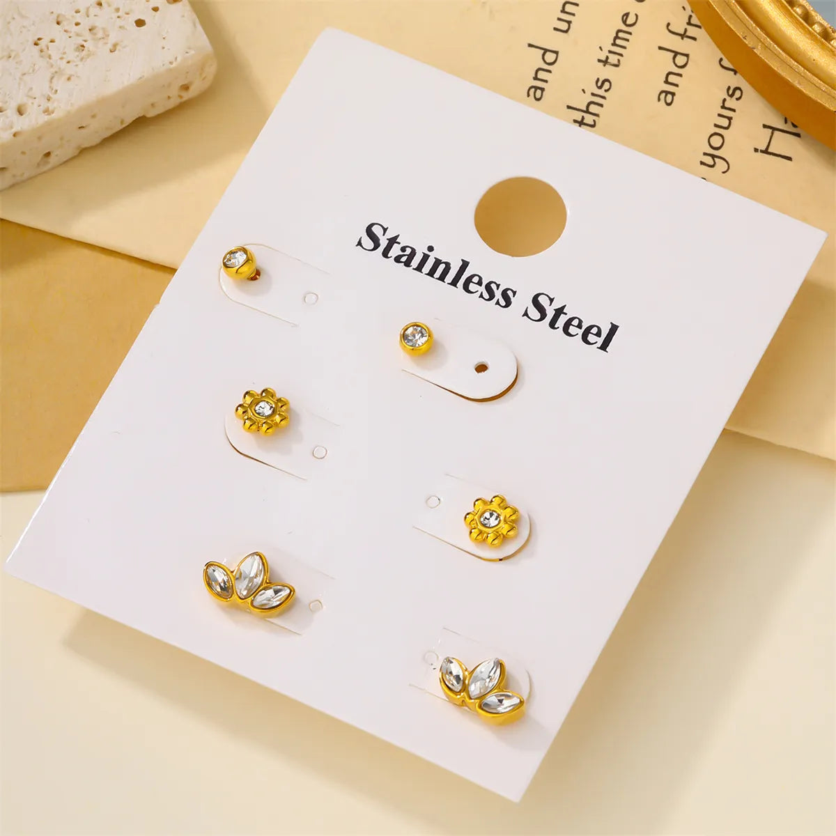 3 Pairs Cute Flower Flowers 304 Stainless Steel Artificial Pearls Zircon 18K Gold Plated Ear Studs