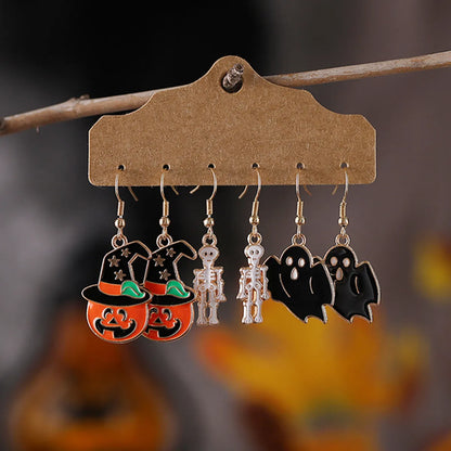 3 Pairs Cute Funny Pumpkin Skull Alloy Drop Earrings