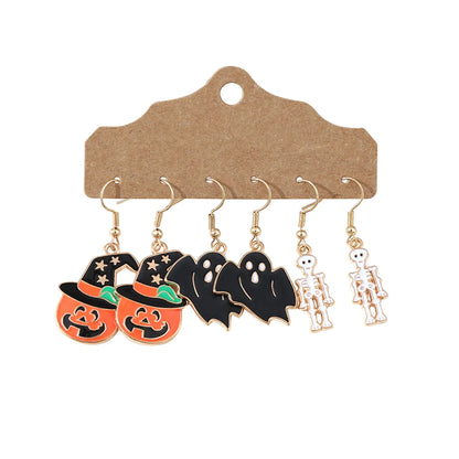 3 Pairs Cute Funny Pumpkin Skull Alloy Drop Earrings