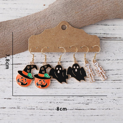 3 Pairs Cute Funny Pumpkin Skull Alloy Drop Earrings