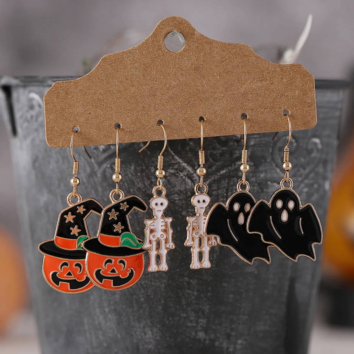 3 Pairs Cute Funny Pumpkin Skull Alloy Drop Earrings