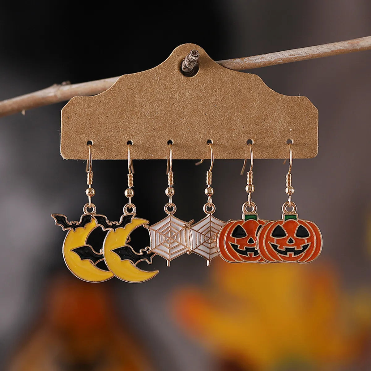 3 Pairs Cute Funny Pumpkin Spider Web Bat Alloy Drop Earrings