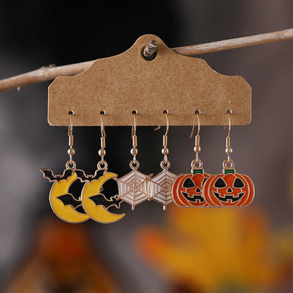 3 Pairs Cute Funny Pumpkin Spider Web Bat Alloy Drop Earrings