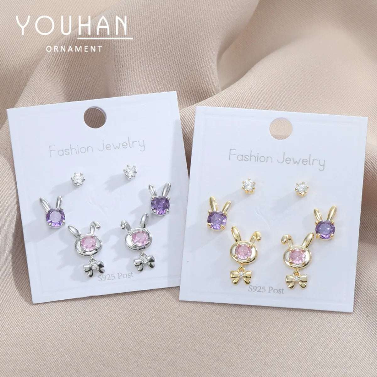 3 Pairs Cute Rabbit Copper Inlay Zircon Ear Studs