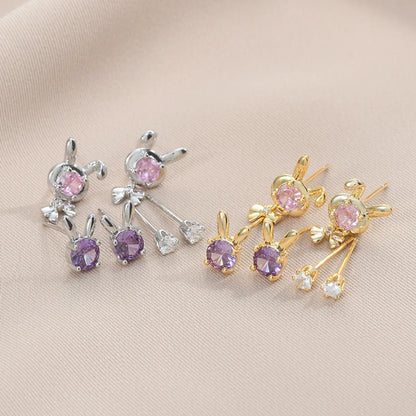 3 Pairs Cute Rabbit Copper Inlay Zircon Ear Studs