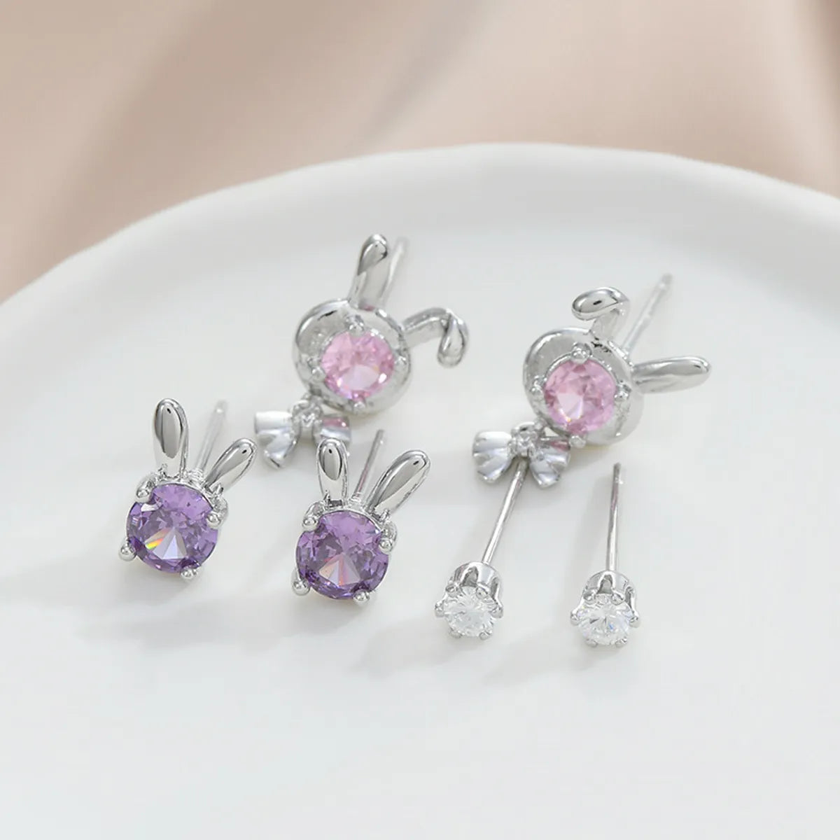 3 Pairs Cute Rabbit Copper Inlay Zircon Ear Studs