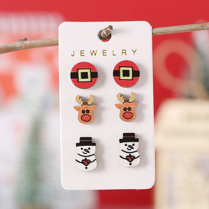 3 Pairs Cute Snowman Wood Ear Studs