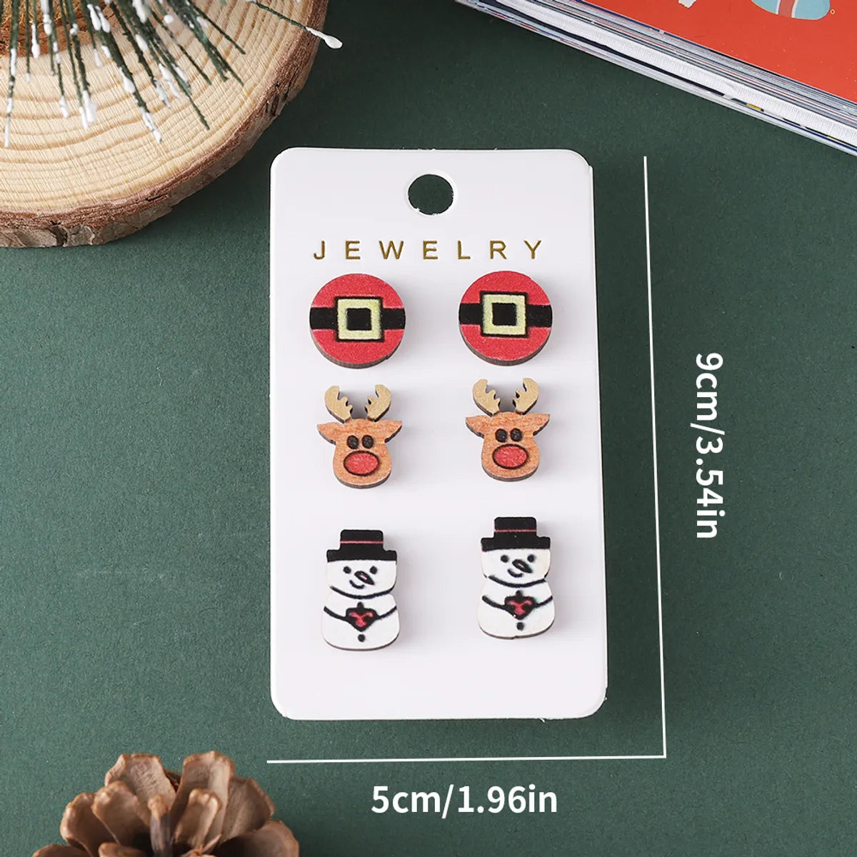 3 Pairs Cute Snowman Wood Ear Studs