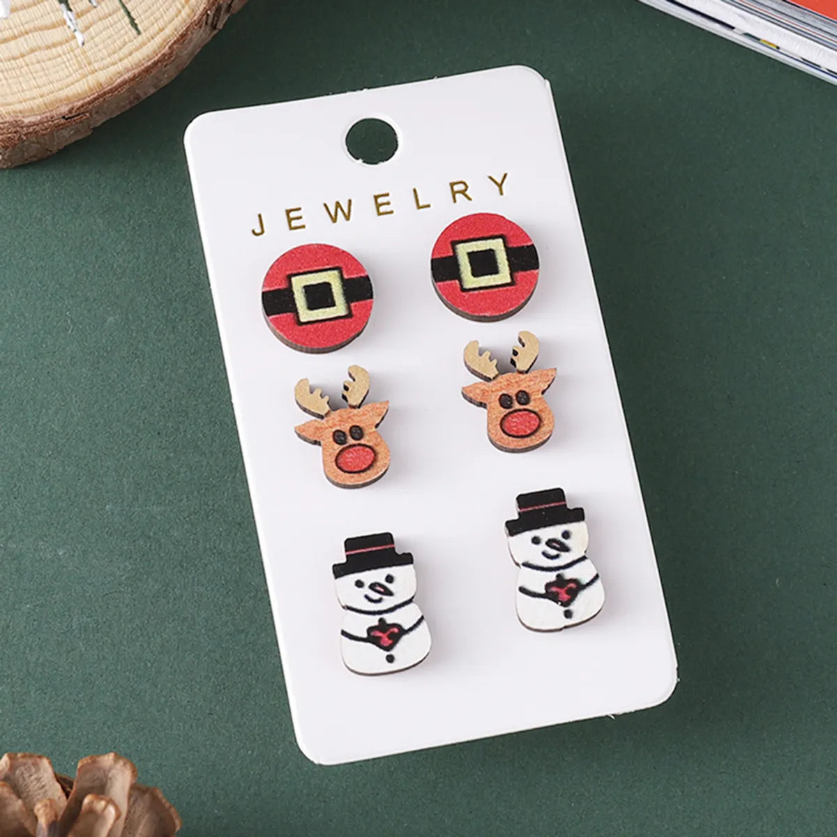 3 Pairs Cute Snowman Wood Ear Studs