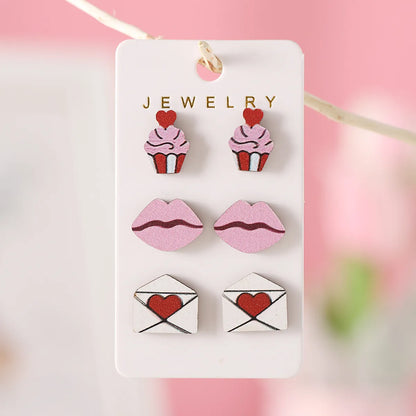 3 Pairs Cute Sweet Lips Heart Shape Wood Ear Studs