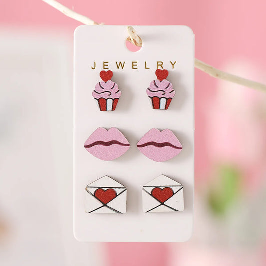 3 Pairs Cute Sweet Lips Heart Shape Wood Ear Studs