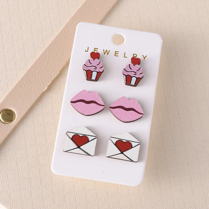 3 Pairs Cute Sweet Lips Heart Shape Wood Ear Studs