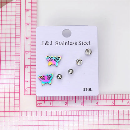 3 Pairs Elegant Butterfly Stainless Steel Inlay Zircon Ear Studs