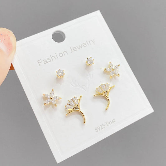 3 Pairs Elegant Flower Copper Inlay Zircon Ear Studs