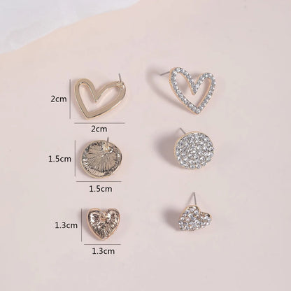 3 Pairs Elegant Heart Shape Inlay Alloy Rhinestones Gold Plated Ear Studs