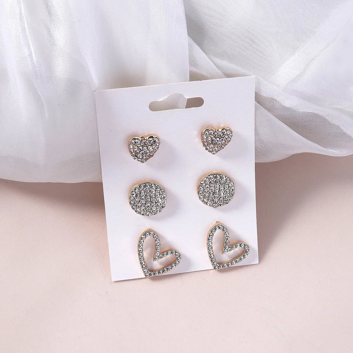 3 Pairs Elegant Heart Shape Inlay Alloy Rhinestones Gold Plated Ear Studs