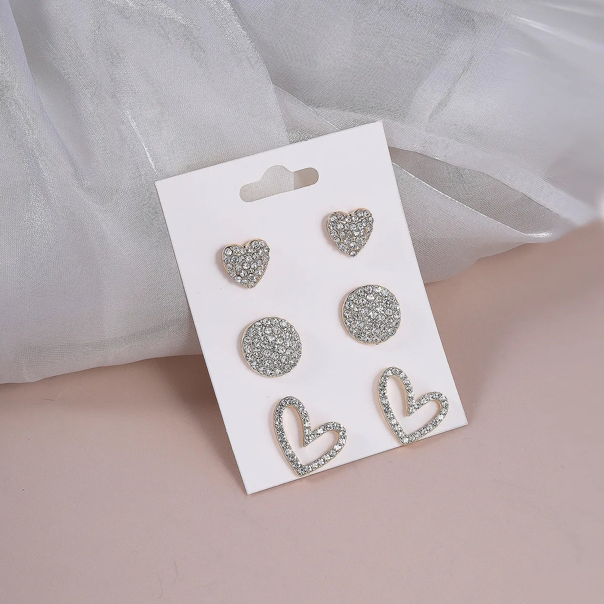 3 Pairs Elegant Heart Shape Inlay Alloy Rhinestones Gold Plated Ear Studs