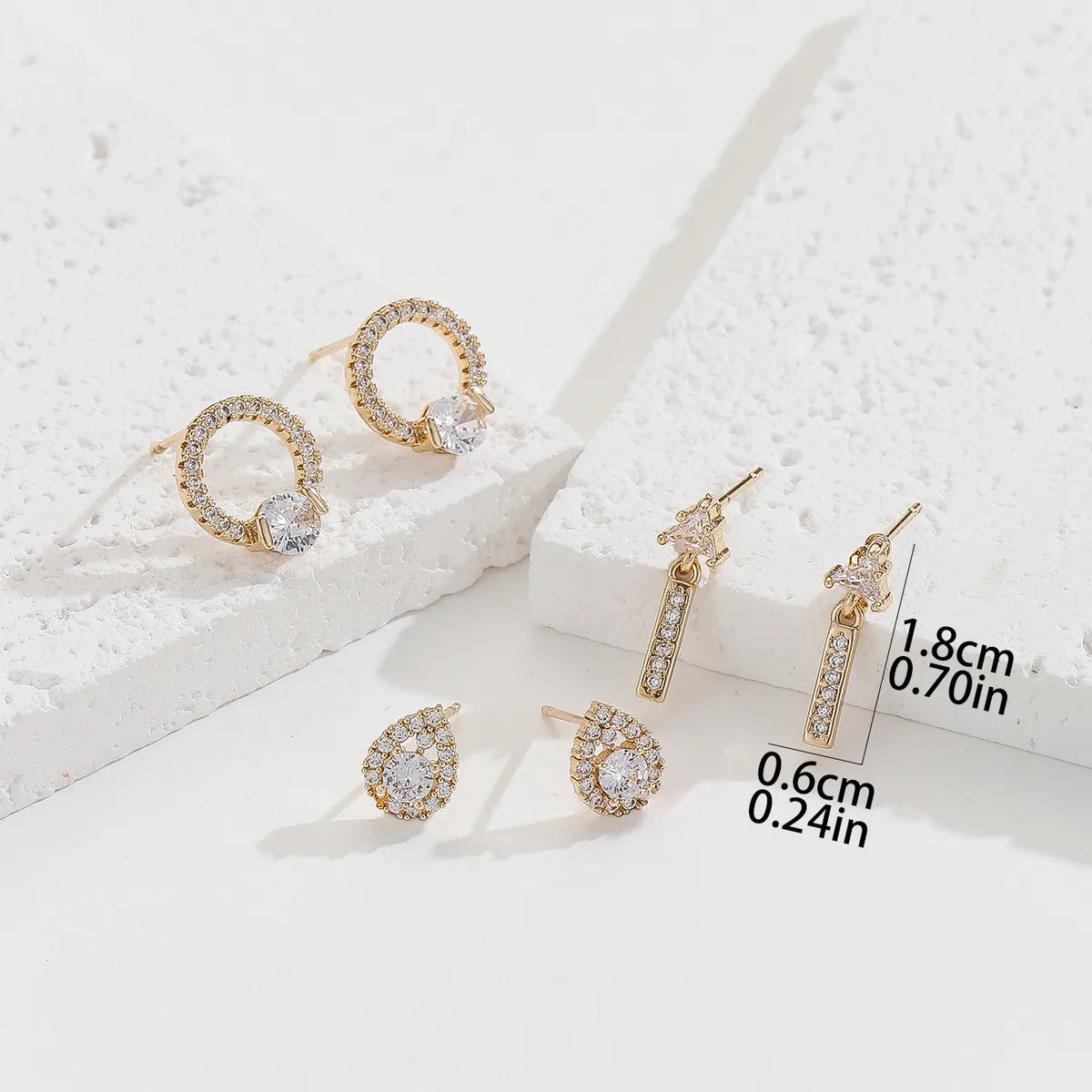 3 Pairs Elegant Lady Water Droplets Plating Inlay Copper Zircon Gold Plated Ear Studs