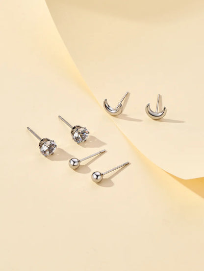 3 Pairs Elegant Simple Style Star Moon Heart Shape Stamping Polishing Stainless Steel Zircon Ear Studs