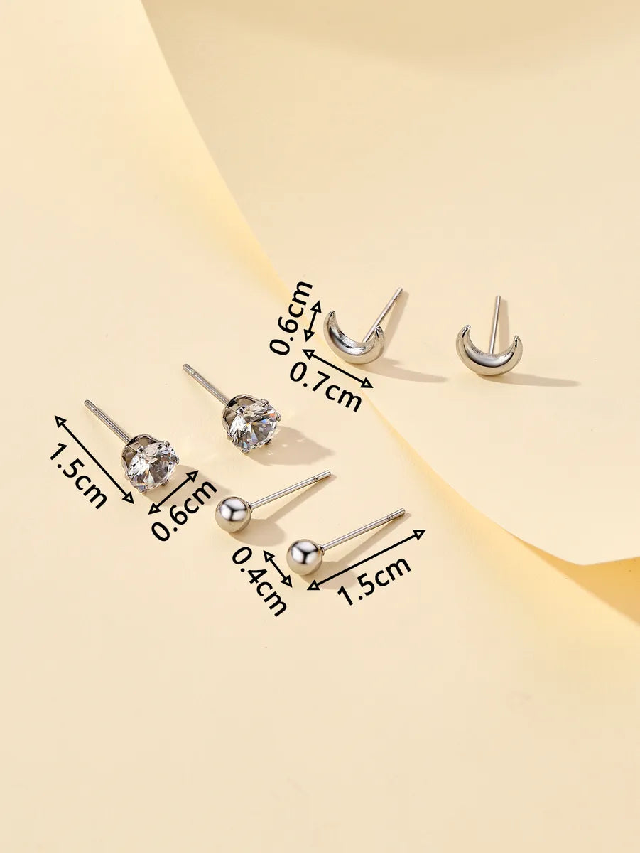 3 Pairs Elegant Simple Style Star Moon Heart Shape Stamping Polishing Stainless Steel Zircon Ear Studs