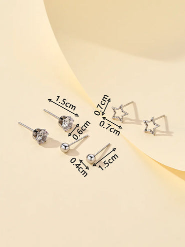 3 Pairs Elegant Simple Style Star Moon Heart Shape Stamping Polishing Stainless Steel Zircon Ear Studs