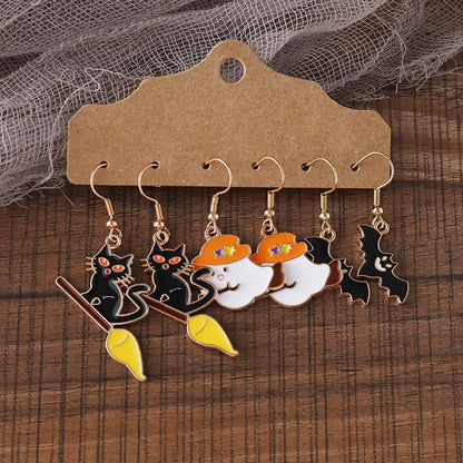 3 Pairs Funny Cat Bat Alloy Drop Earrings