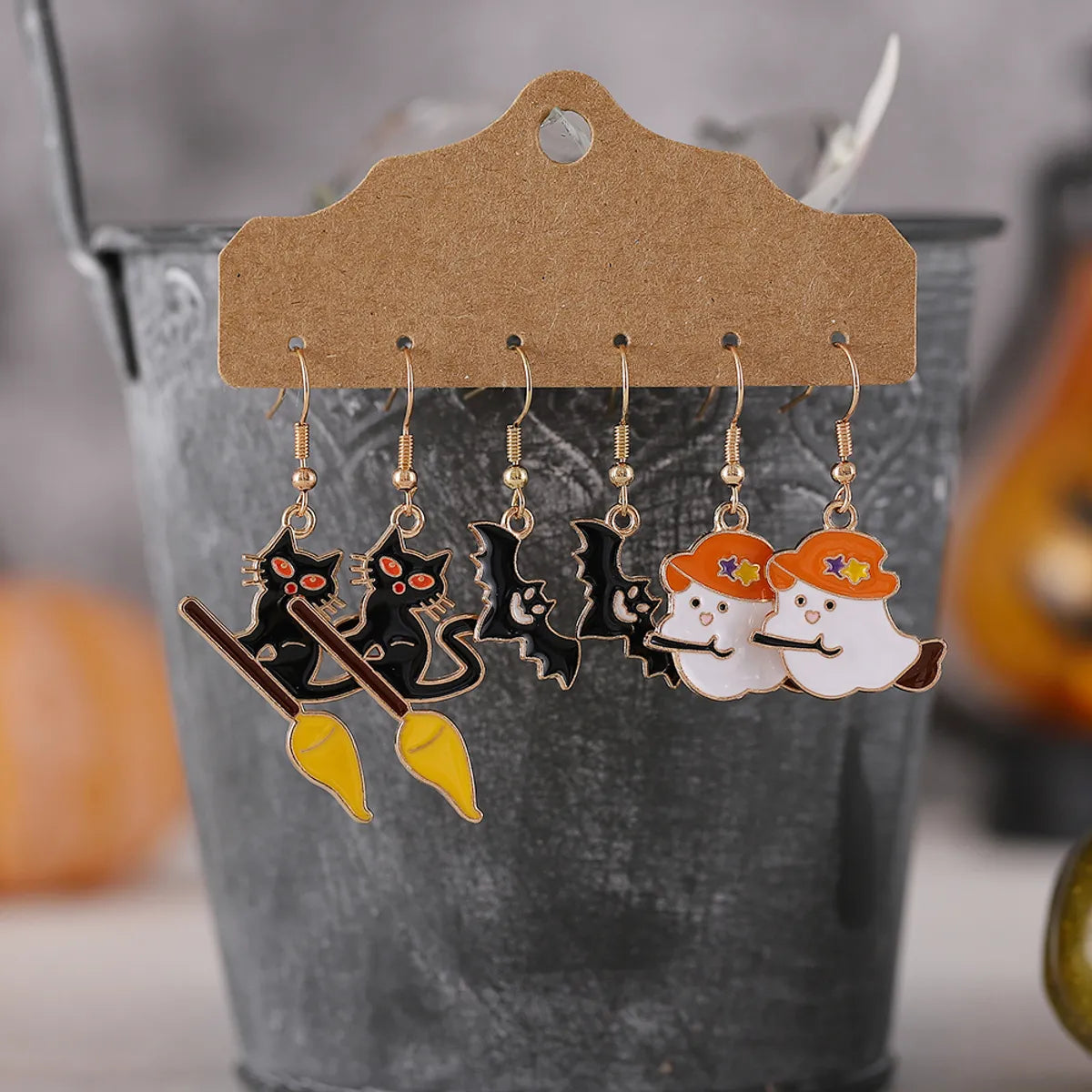 3 Pairs Funny Cat Bat Alloy Drop Earrings