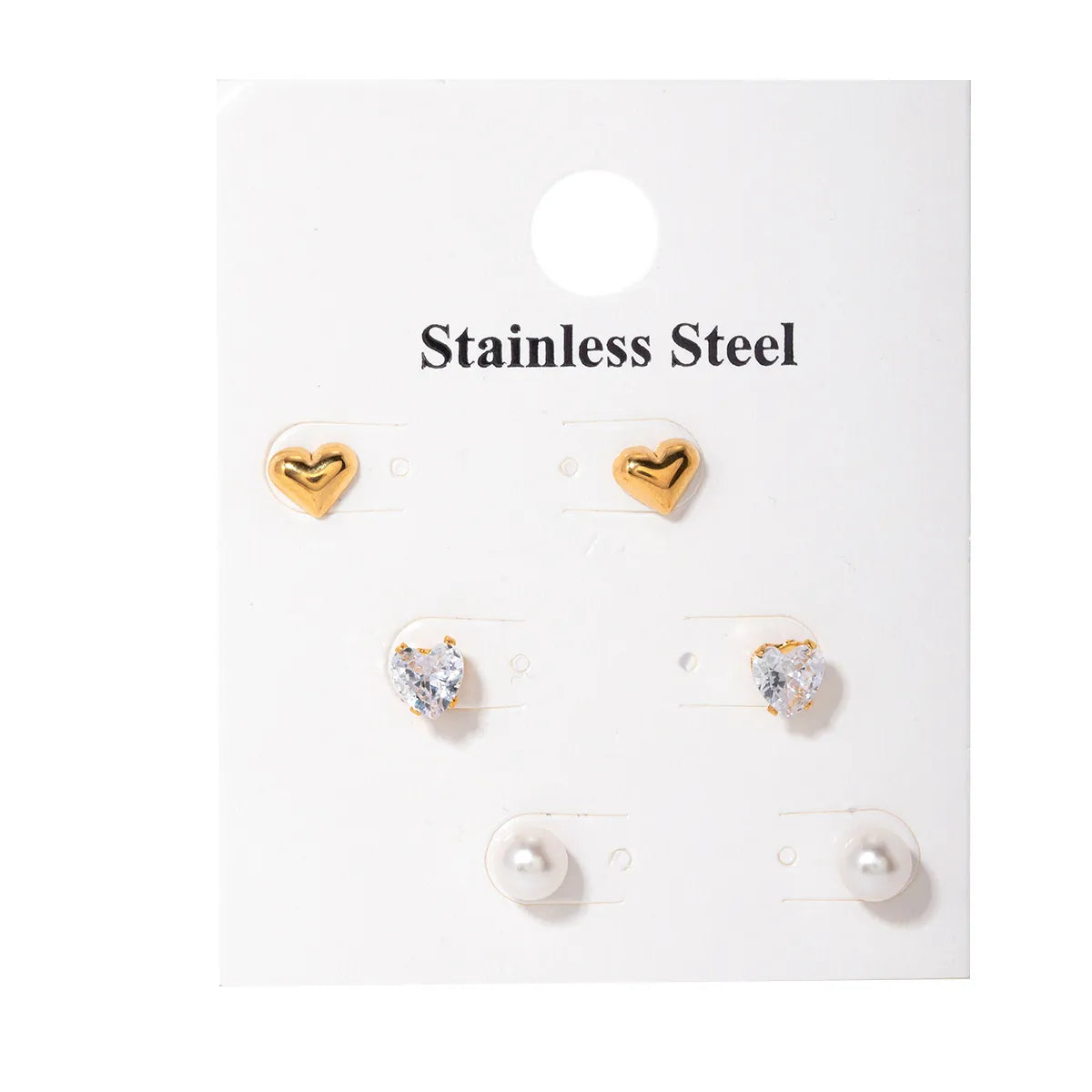 3 Pairs IG Style Simple Style Heart Shape Inlay 304 Stainless Steel Pearl Zircon 18K Gold Plated Ear Studs